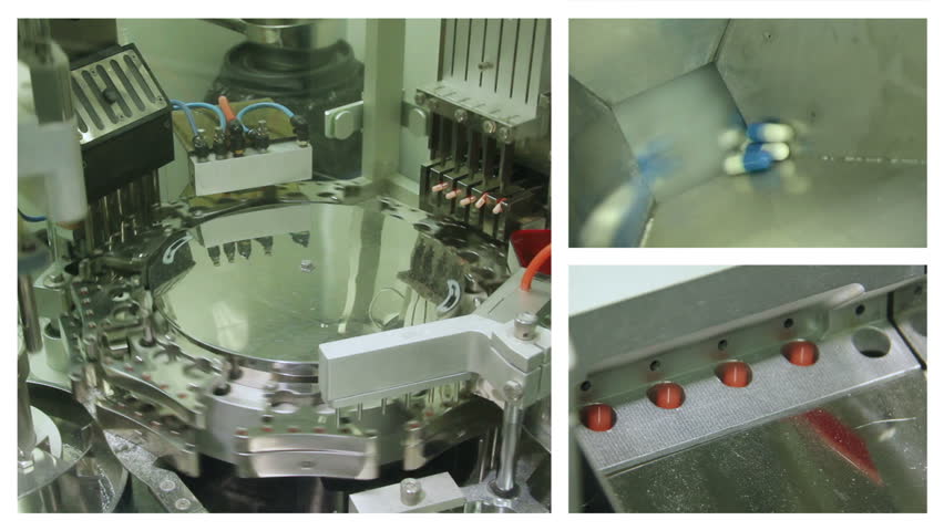 Medicine Production Montage. Capsule.  Montage shots of capsule production line. 