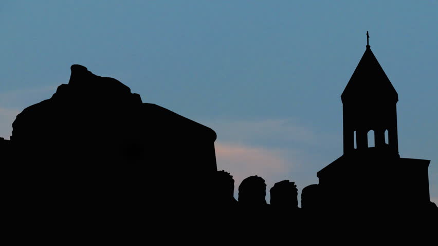 Georgia Ninotsminda Church moonrise. Ninotsminda Cathedral is located in the village of Sagarejo, in the Kakheti region, Georgia. 