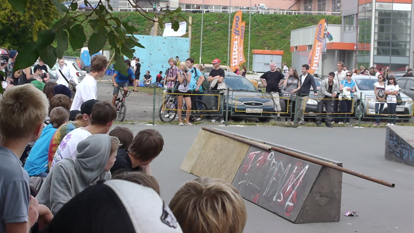 PETROZAVODSK, RUSSIA - AUGUST 27: Anonymous bmx rider making tricks during Extreme side festival on August 27, 2011 in Petrozavodsk, Russia. Event was free for watching, shooting and participating