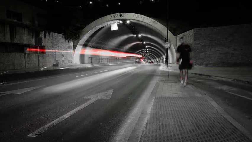 light trails in a tunnel, time lapse