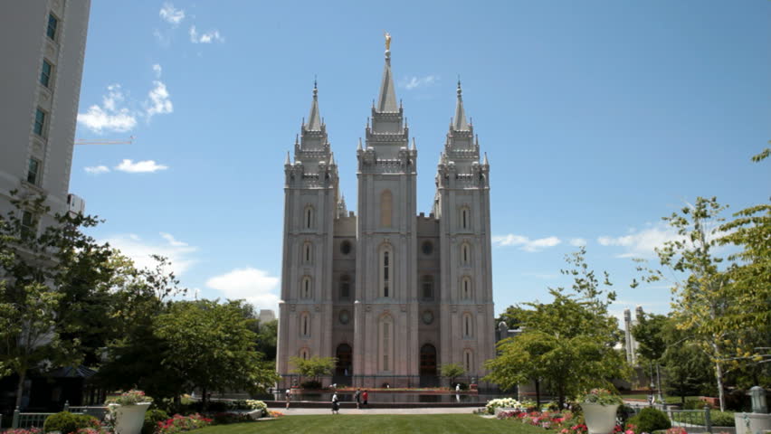 SALT LAKE CITY, UTAH - JULY 11: Mormon Temple in Salt Lake City Utah. Church of Jesus Christ of Latter-Day Saints in on July 11, 2011 in Salt Lake City, Utah. LDS Church. View past old Hotel Utah, now Joseph Smith Memorial Building.