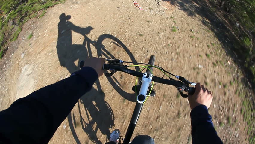Fish eye of a bike ride in the forest. Cyclist point of view