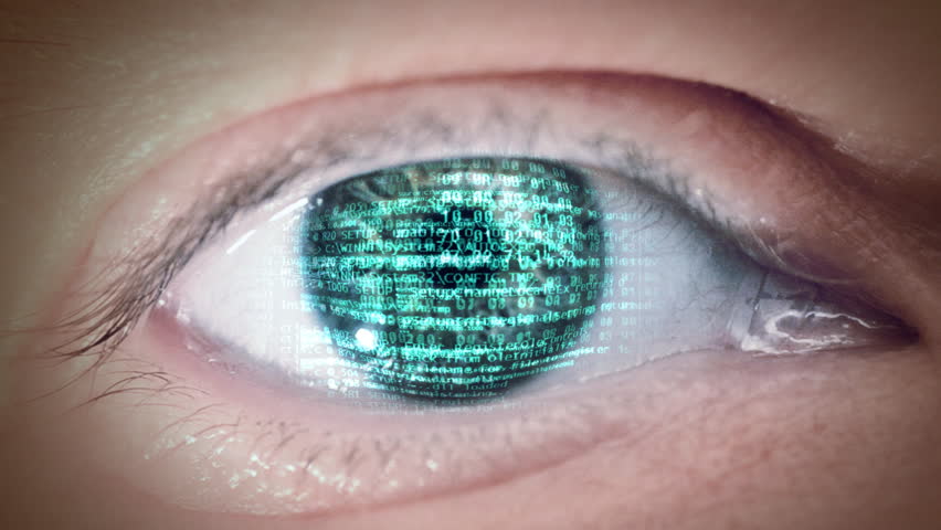 Eye with digital scrolling on iris. Loop.