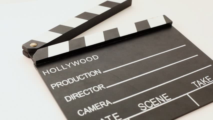 clapper for cinema with inscriptions hollywood, production, director, camera, date, scene, take