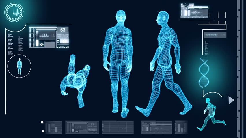 Digital motion graphic of a virtual walking male in 3D illustration for medical and scientific research data