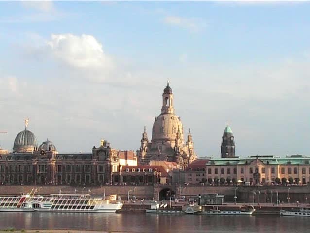Recently reconstructed Church of Our Lady and River Elbe Dresden Germany