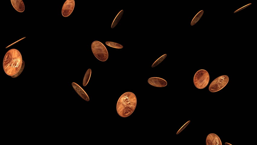 Looping--pennies falling from above on black background. Loops for endless backgrounds