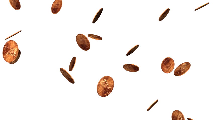 Looping--pennies falling from above on white background. Loops for endless backgrounds