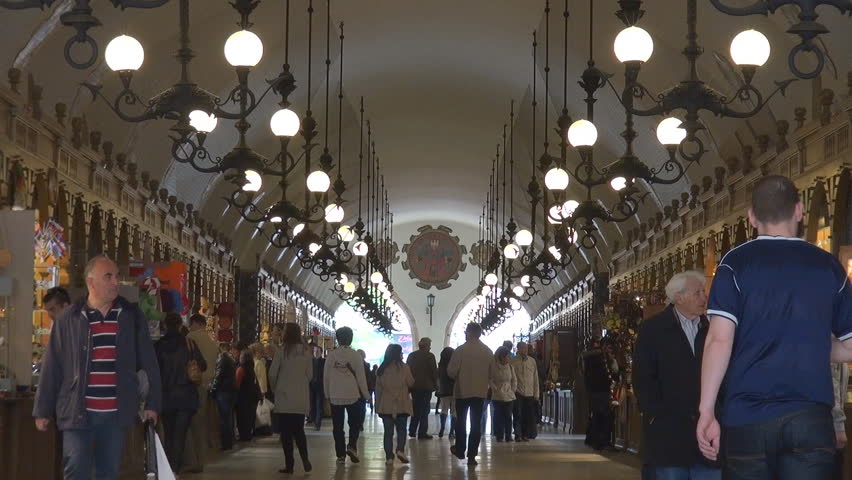 KRAKOW, POLAND- MAY 20, 2011, Unidentified people buy souvenirs in Cloth Hall in Market Square