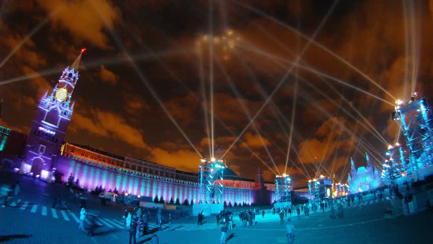 MOSCOW - OCT 21: (Timelapse View) People walk on Red Square on First international festival CIRCLE OF LIGHT, on Oct 21, 2011 in Moscow, Russia