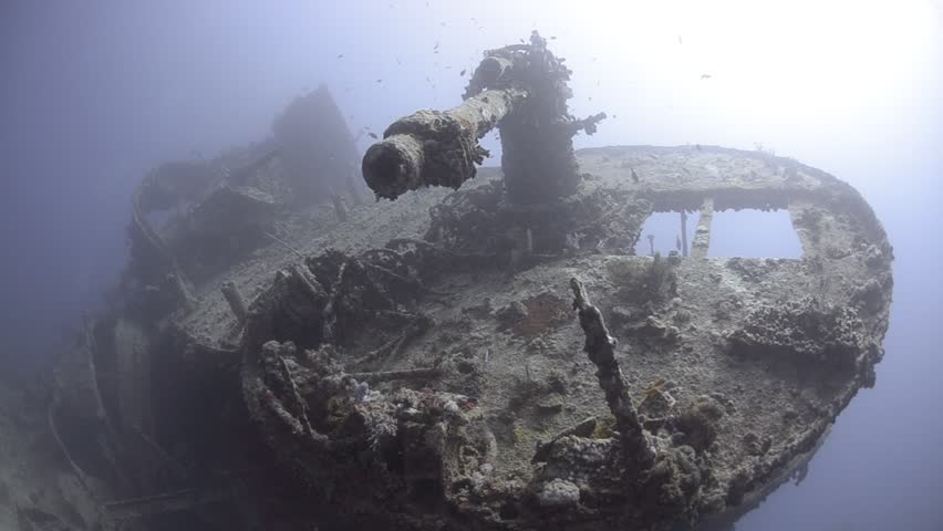 Close up fish eye view of the anti aircraft gun situated at the stern of the wartime shipwreck the SS Thistlegorm. Red Sea, Egypt.