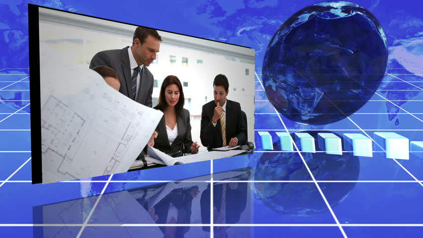 Business montage next to animated graphs and a globe against a blue grid background