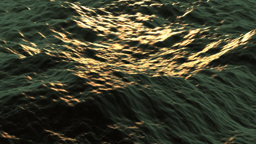 Ocean waves are gently and slowly rolling along at sunset.  The sun is beautifully reflecting off of the water. (Looping, High Definition, 1080p)