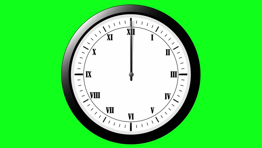High definition seamless looping video animation of a clock passing through twelve hours.  On a green screen for easy compositing.