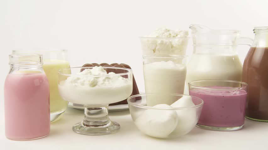Various dairy products, flavoured milks and cheeses