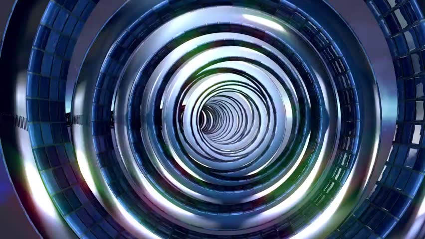 Animation loop of camera-perspective traveling through a tunnel made of metal rings with mosaic tiles.