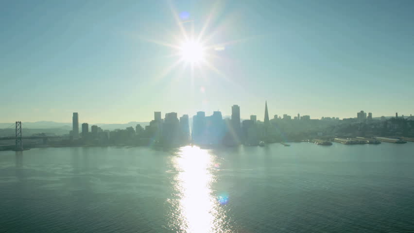 Aerial low angle view of Fishermans Wharf port area and downtown San Francisco, North America, USA