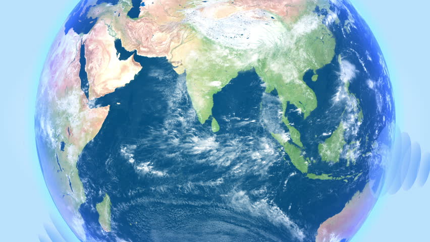 Three satellites spinning around the Earth on blue background transmitting waves. HD 1080. Alpha mask.