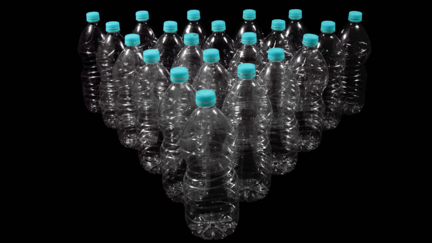 Plastic Bottle Arrangement With Alpha (HD). Green Screen shot transparent plastic bottles, made out of hi res still images, carefully masked frame by frame with perfect green and shadow removal.