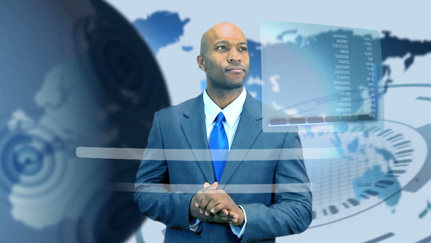 Businessman in virtual business environment showing excitement at the upturn in the business economy