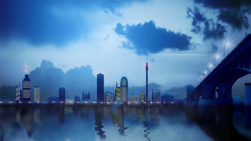 City under attack. A meteor plows through the sky and impacts abstract city. 