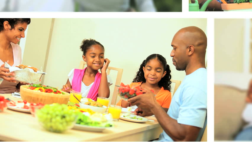 Montage clips of young african american adults and children enjoying a modern family lifestyle