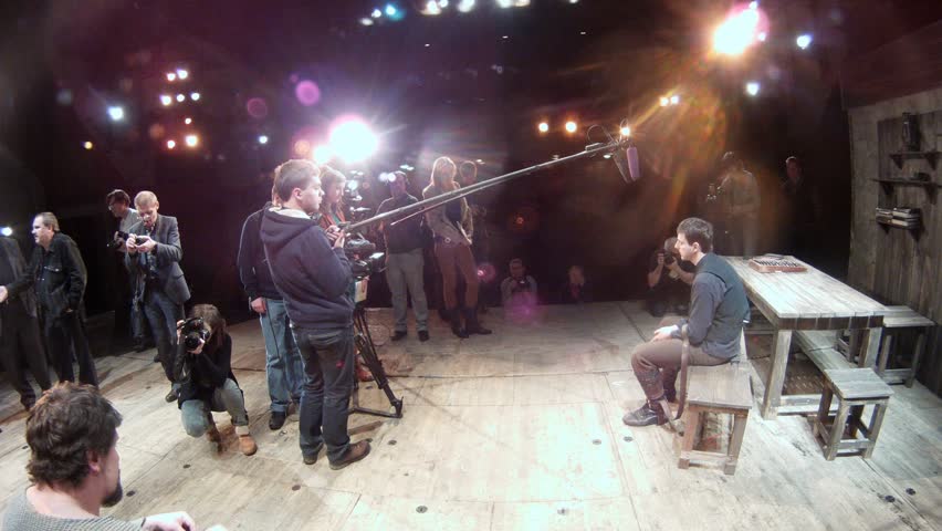 MOSCOW - JAN 18: (Timelapse View) Actor Dmitry Vysotsky gives interview to journalists after performance premiere - Cripple from Inishman, in theater on Taganka on, on Jan 18, 2011 in Moscow, Russia