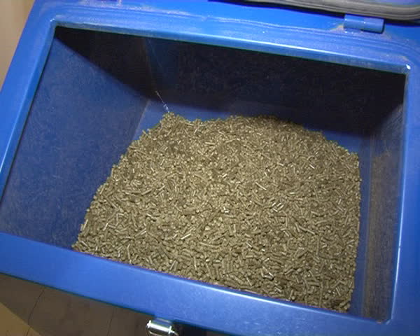straw granules in boiler container. ecological use of biofuels for home heating in winter.
