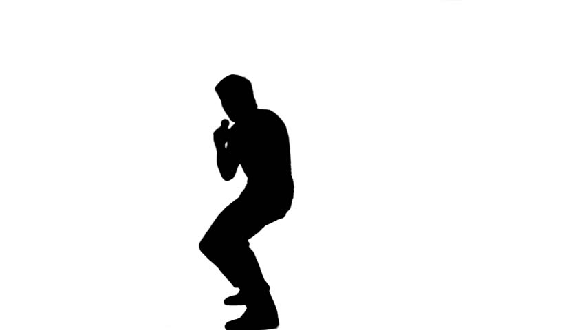 A silhouette energetic man is holding a microphone against a white background
