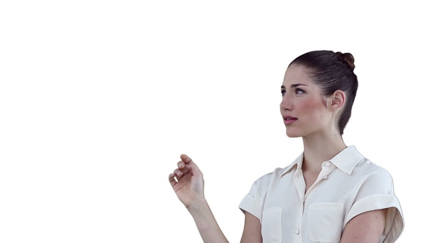 Businesswoman thoughtfully using a digital touchscreen against a white background