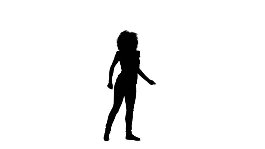 A silhouette of a dancing woman with her hands on her hips against a white background