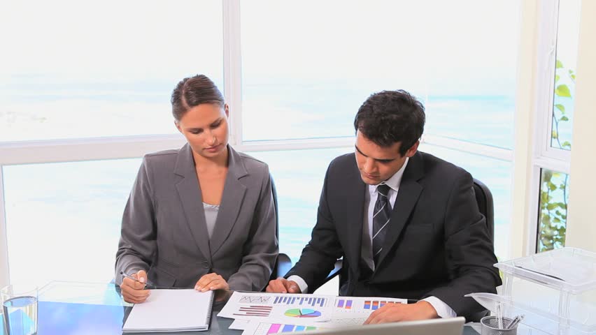 Workers studying statistics in a bright office