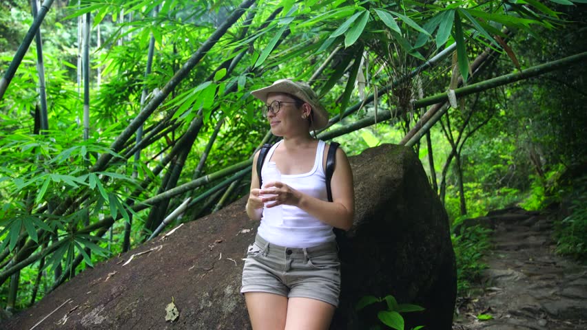 Hiker Woman Hiking In Forest Standing Looking Young Female Trekking