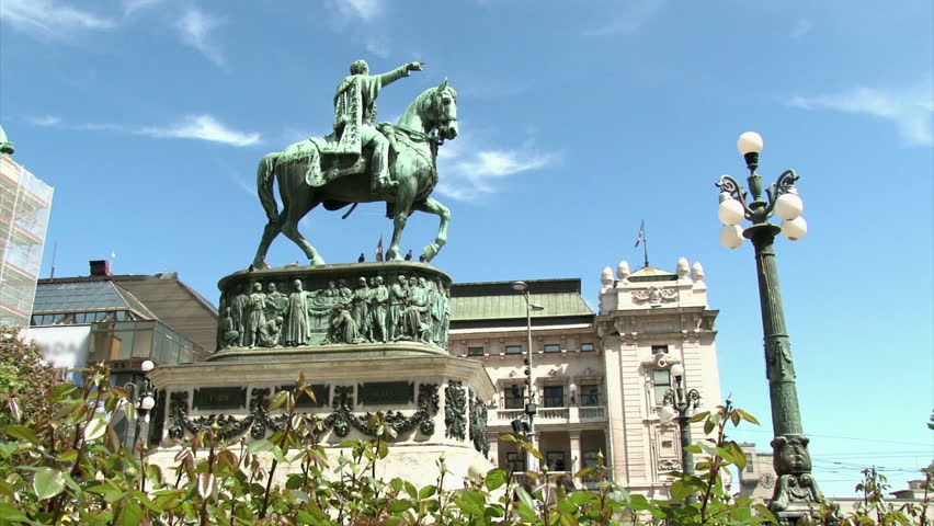 Monument, Knez Mihailo, Belgrade. National Theater in background.