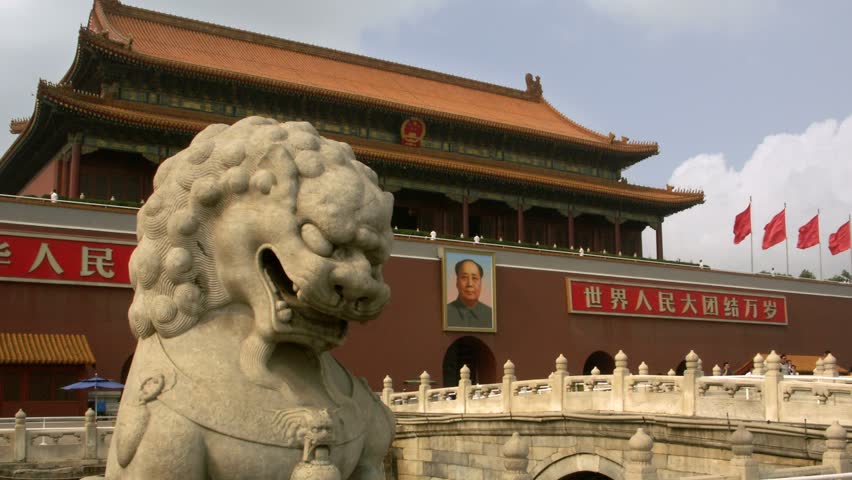 Beijing - Circa 2010: Tiananmen Square in 2010. Timelapse of Tiananmen Square with lion statue in Beijing, China.