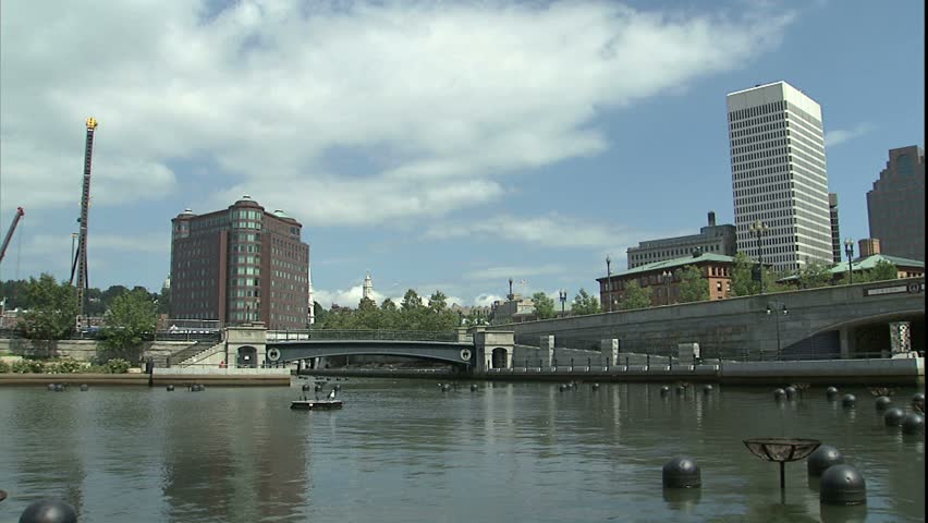 Providence, RI skyline from river in cruising boat