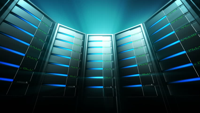 Servers Background 3 (Loop). Network servers with blinking lights. Hi tech glowing and shining atmosphere. Seamless loop panorama.