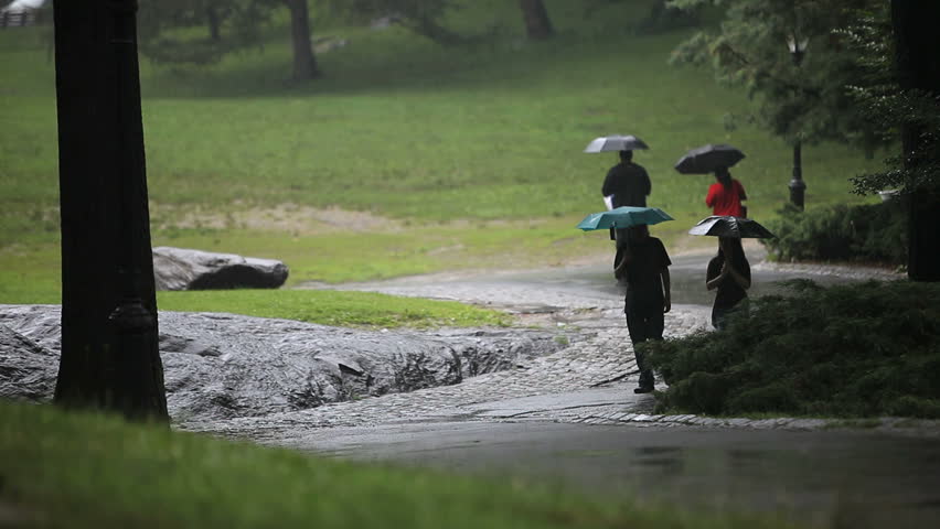 New York - Circa 2009: Central Park in 2009. People walking in the rain with umbrellas in Central Park, New York City, New York.