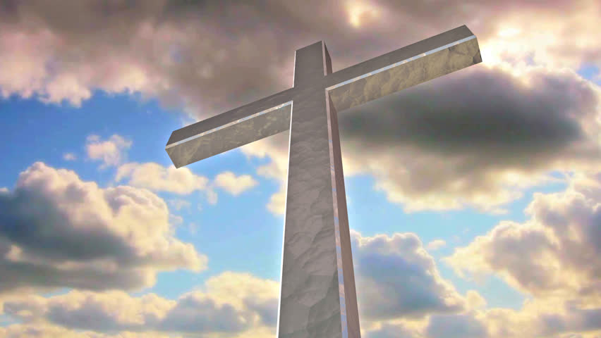 Glowing christian cross with moving sky behind