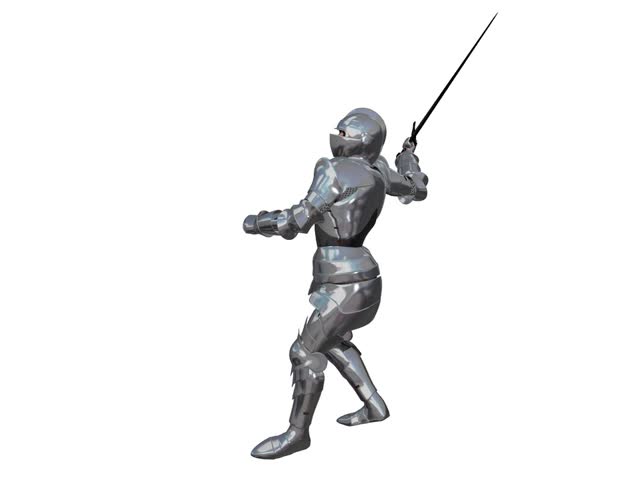 Looping 4 second animation of an armour clad knight swinging a sword.