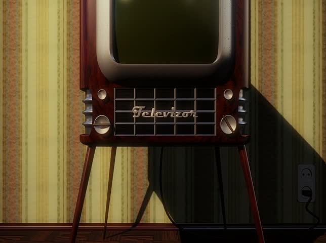 Retro television. Camera moves around the old TV and runs into the screen. Alpha channel included. NTSC version.