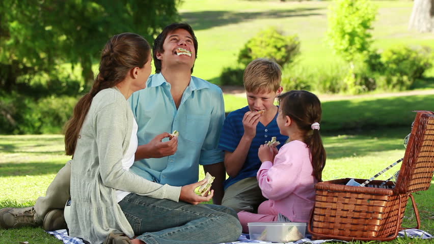 Family eating sandwiches during a picnic in a parkland