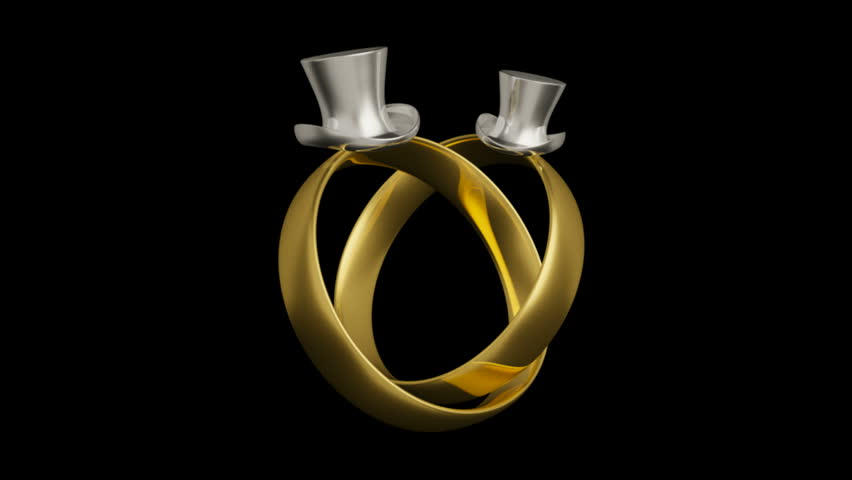 Homosexual wedding rings animation with two 19th century top hat isolated on black background. Civil partnership symbol