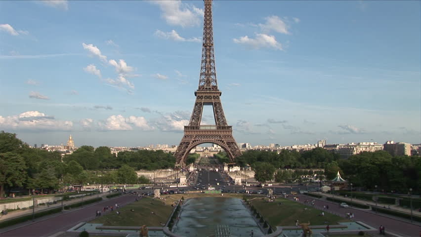 View of Eiffel Tower in Paris France with a pan up