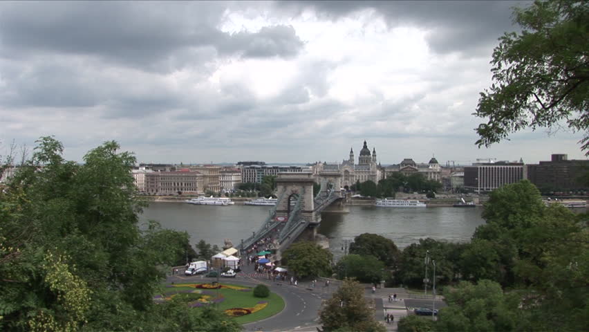 Long view of Chain Bridge in Budapest Hungary