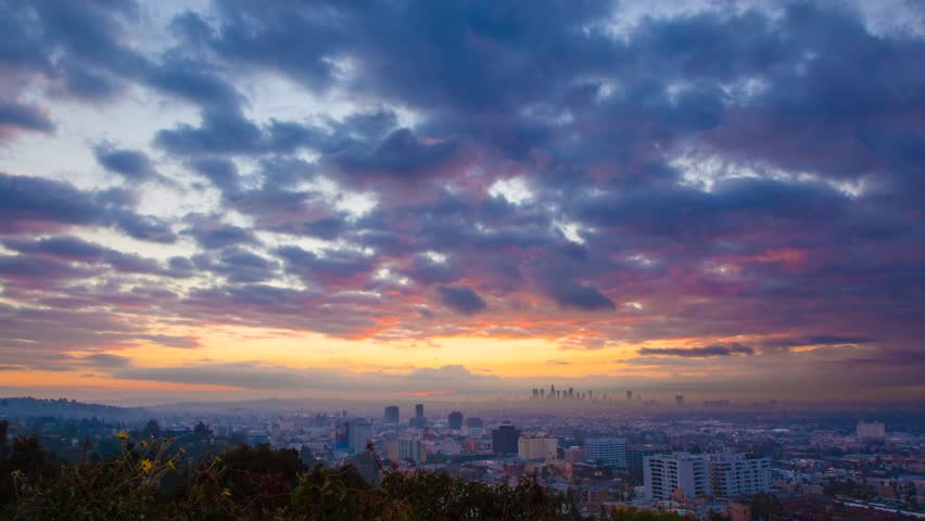 Beautiful sunrise over Los Angeles. Timelapse.