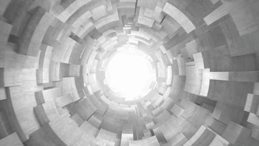 Virtual concrete tunnel animation with glowing light at the end 