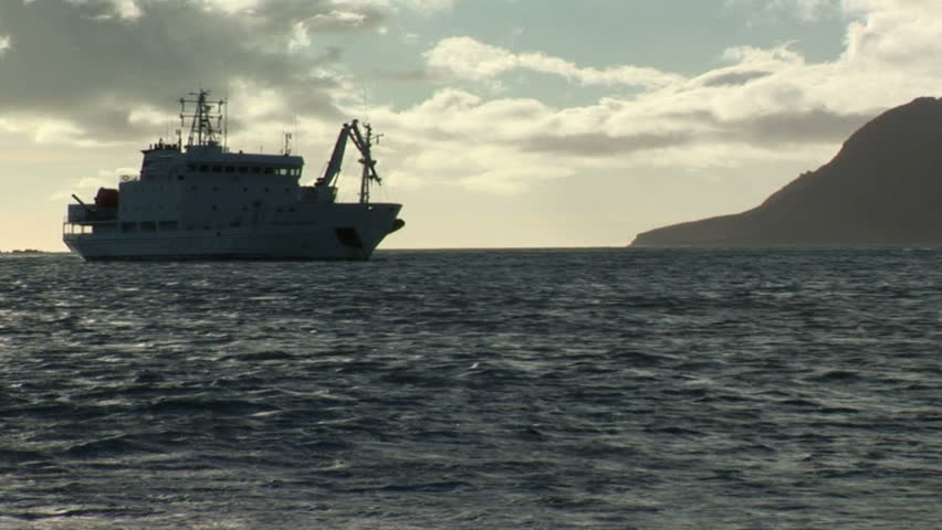 South Georgia and the South Sandwich Islands: expedition ship staying in a bay.
