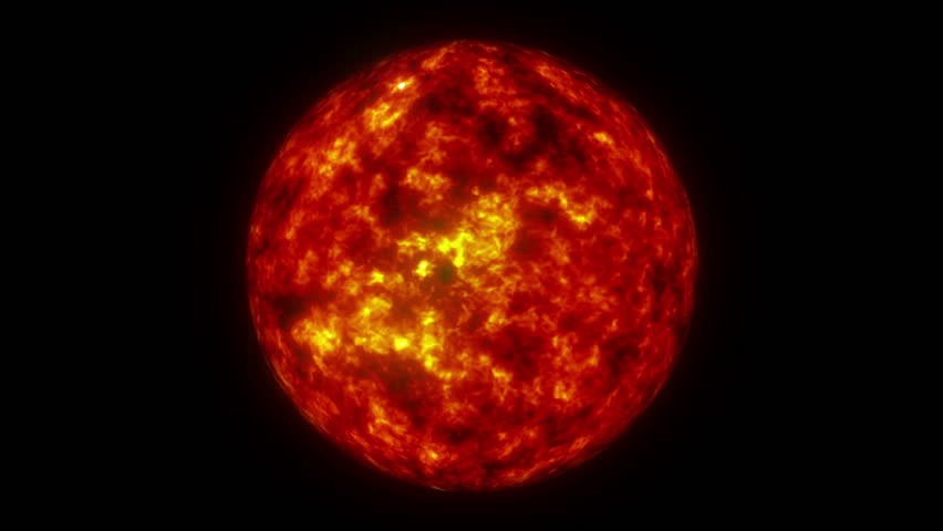 A rotating fireball with a dynamic surface of bubbling gases and fire set against a black background as used by the BBC for their Horizon Program