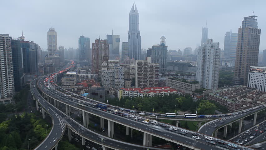 SHANGHAI, CHINA â MAY 9 2012: Time Lapse of Aerial View of Shanghai busiest highway, Yan'an East Road Overpass, Interchange